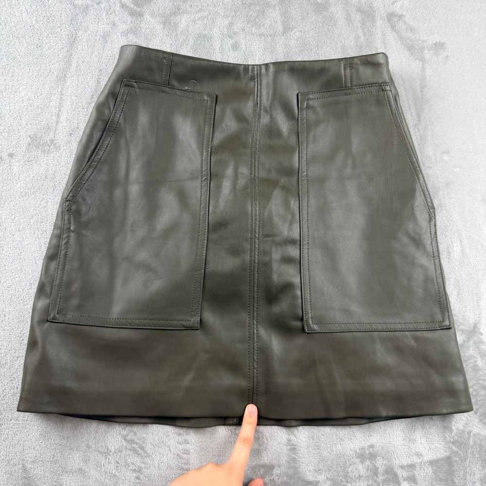 H&M Faux Leather‎ Mini Skirt Olive Green Brown Size 4 Pockets High Waist